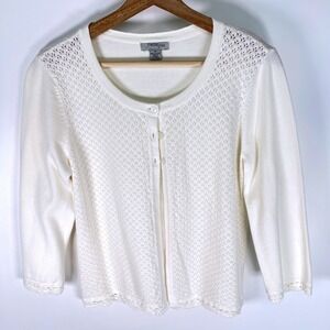 Mercer Street Studio White Cotton Pointelle Crochet Cardigan‎ Sweater Womens M